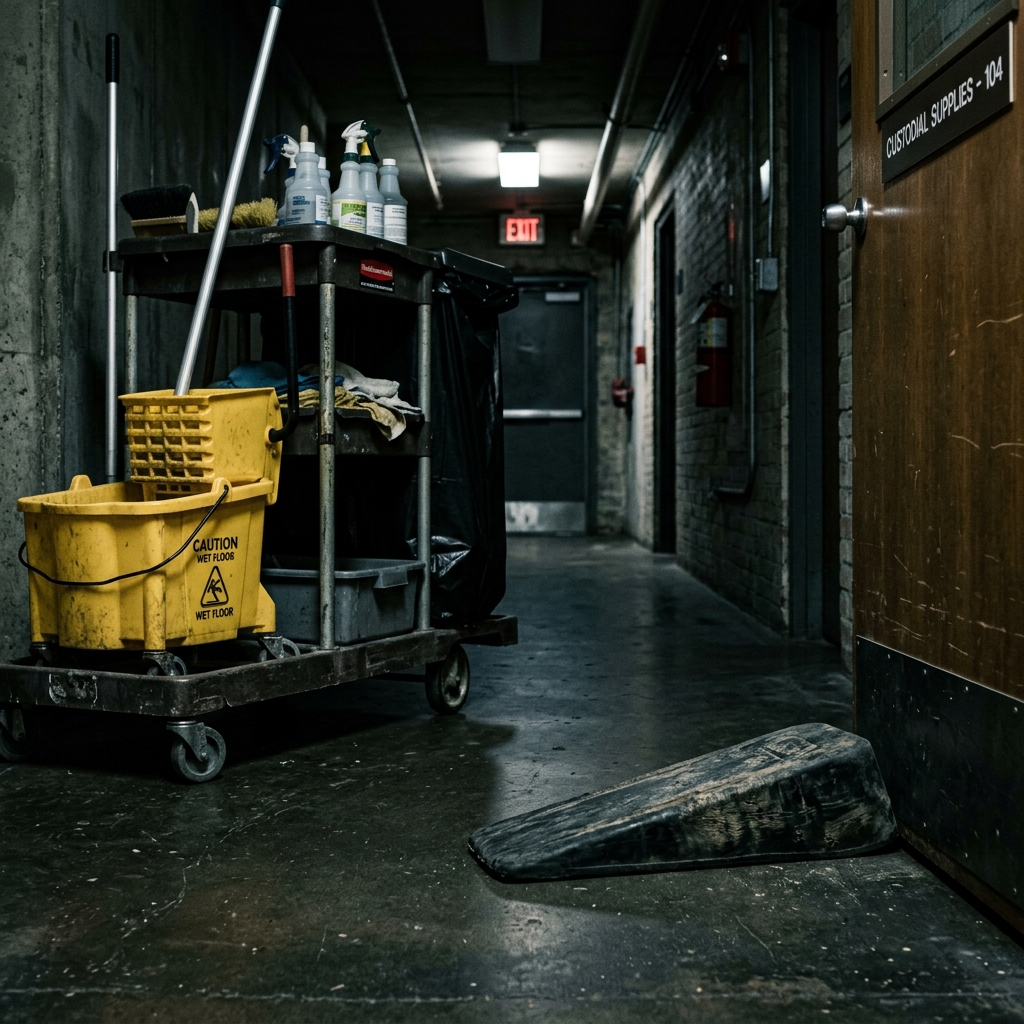 [AI IMAGE PROMPT: A heavy, worn rubber janitor's door-wedge sitting on a dark hallway floor next to a professional janitor's cleaning cart. Eerie, dramatic lighting]